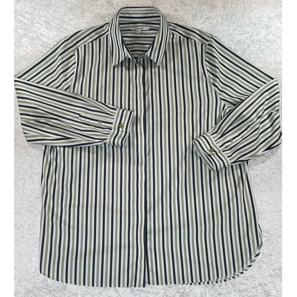 Chico's Button Up Shirt Women 4 US 20 Green Black Stripe Excellent Long Sleeve